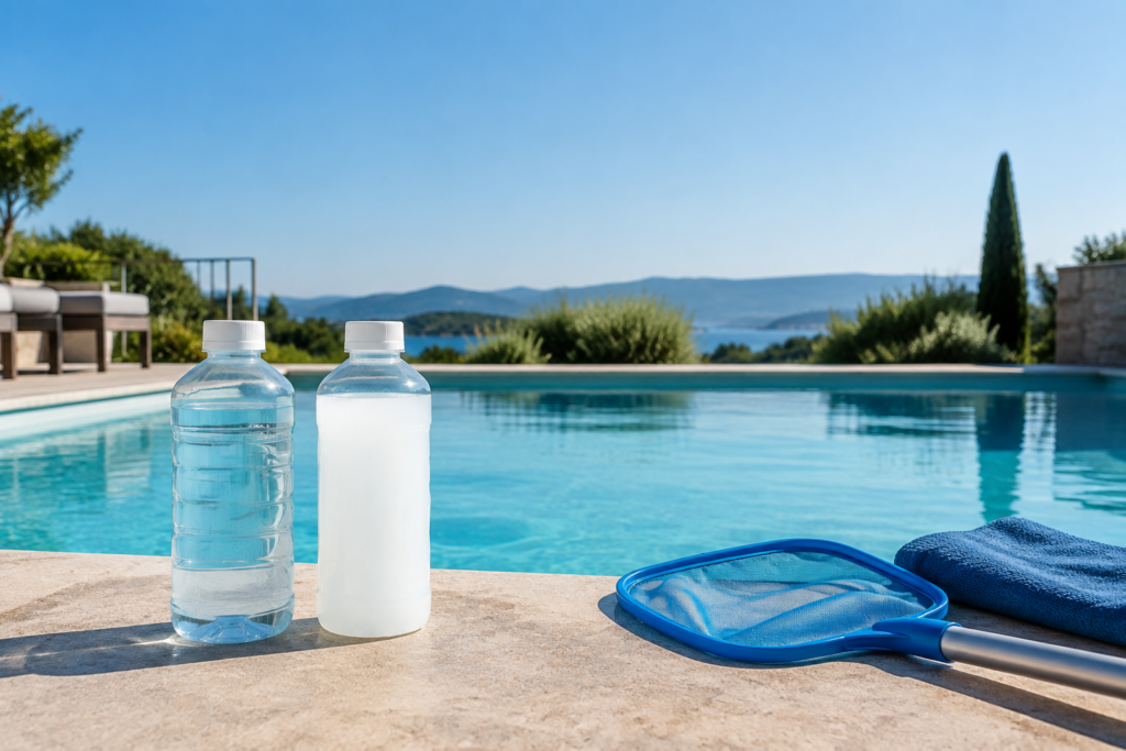 Deux flacons de liquide transparent et laiteux à côté d’une épuisette de piscine.