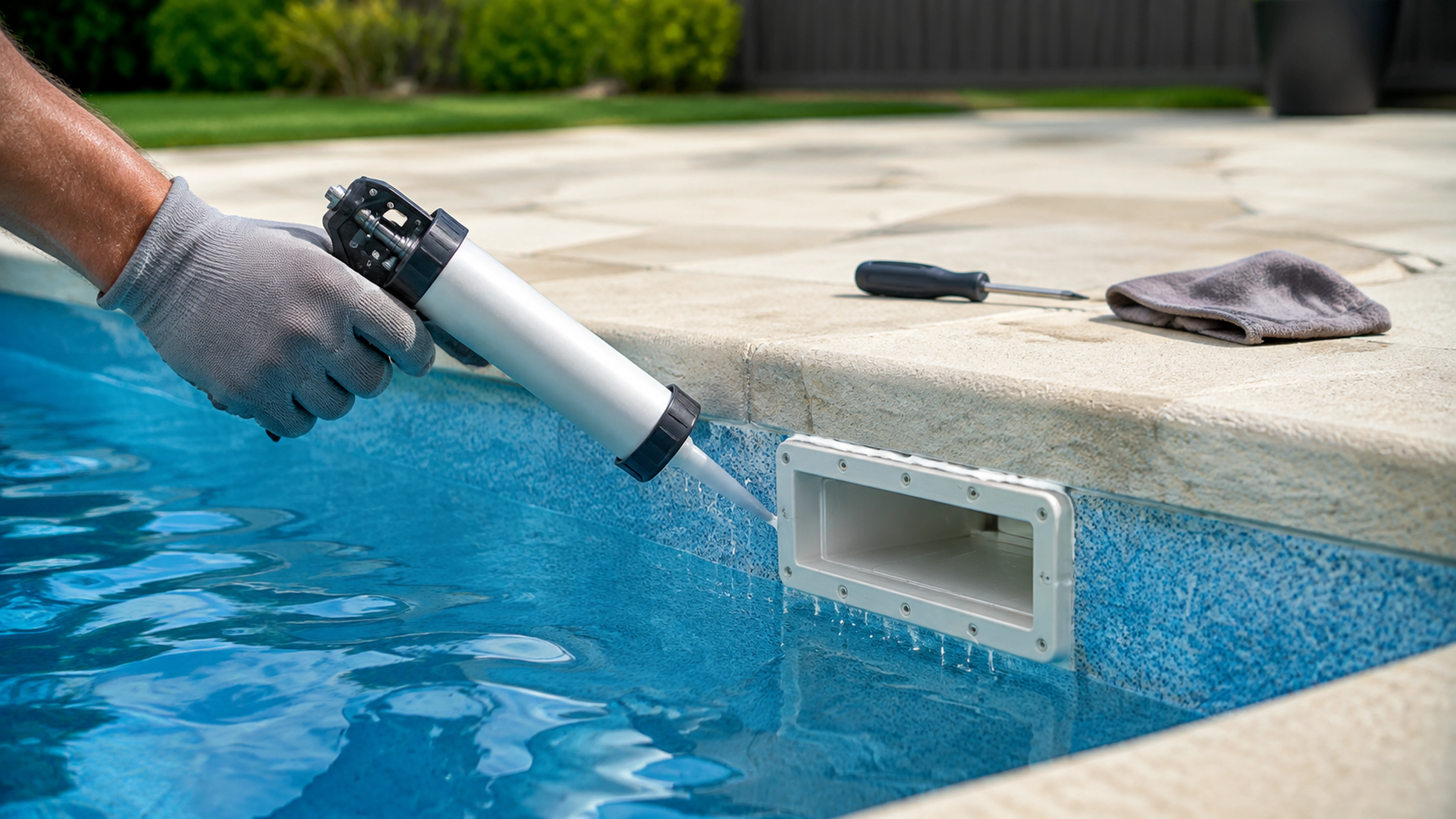 Illustration éditoriale pour l’article « Réparer une fuite au joint de skimmer de votre piscine »