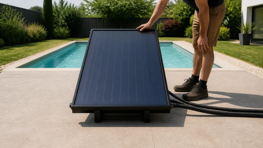 Illustration éditoriale pour l’article « Installation panneau solaire piscine : nos conseils en 2026 »