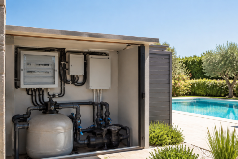 Coffret électrique et filtration dans un local technique de piscine.