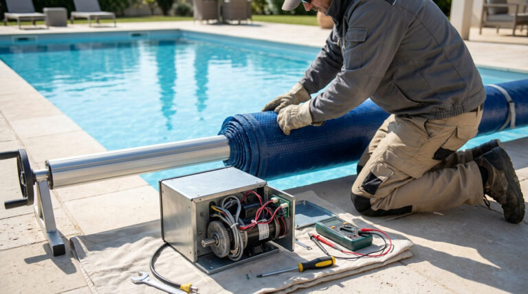 Technicien en tenue de travail réparant le moteur d'un volet roulant bleu au bord d'une piscine extérieure.