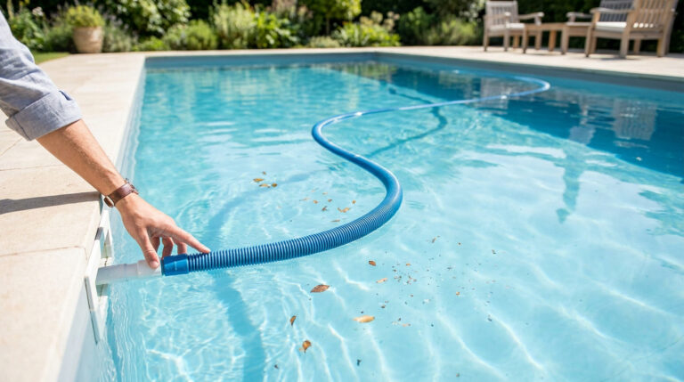 Une main connecte le tuyau bleu d'un aspirateur de piscine à la prise balai sur le rebord d'un bassin.
