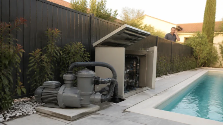 Illustration éditoriale pour l’article « Nuisance sonore pompe piscine : solutions et recours légaux »