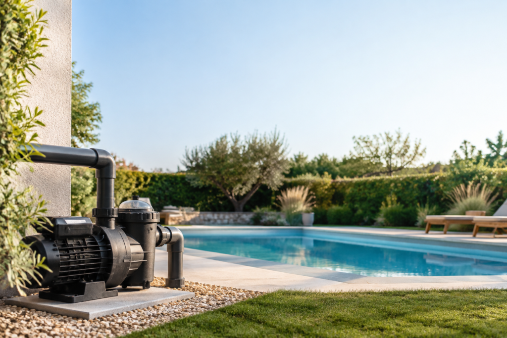 Pompe de piscine installée en extérieur sans abri technique.