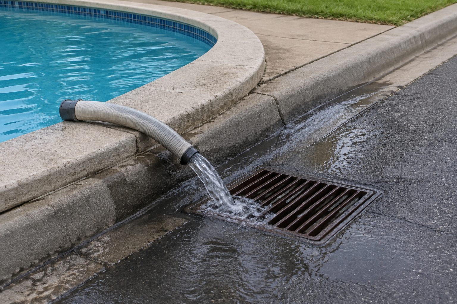 Eau de piscine s'écoulant dans une grille d'égout.