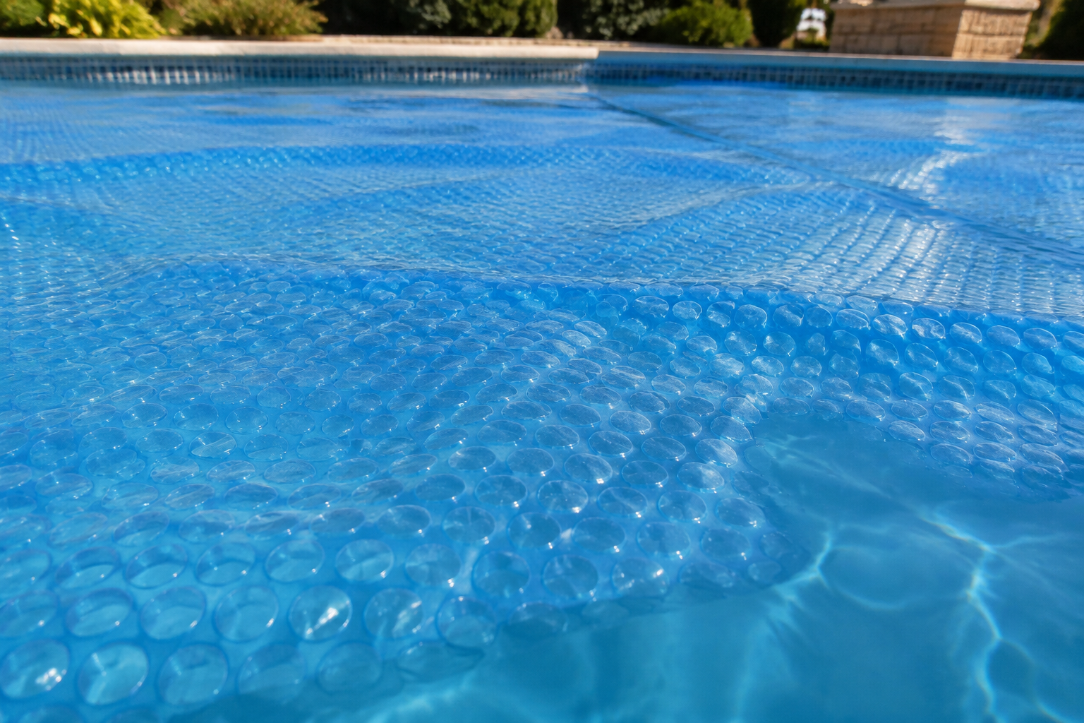Bâche à bulles posée sur l'eau d'une piscine, les bulles en contact avec l'eau.