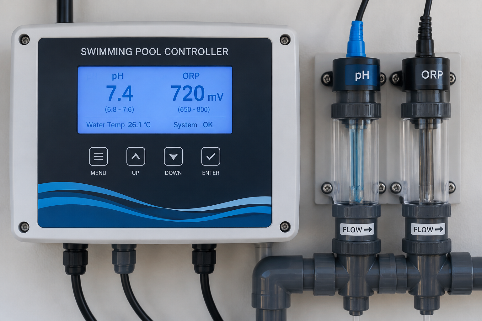 Sonde pH et sonde redox sur un régulateur de piscine.