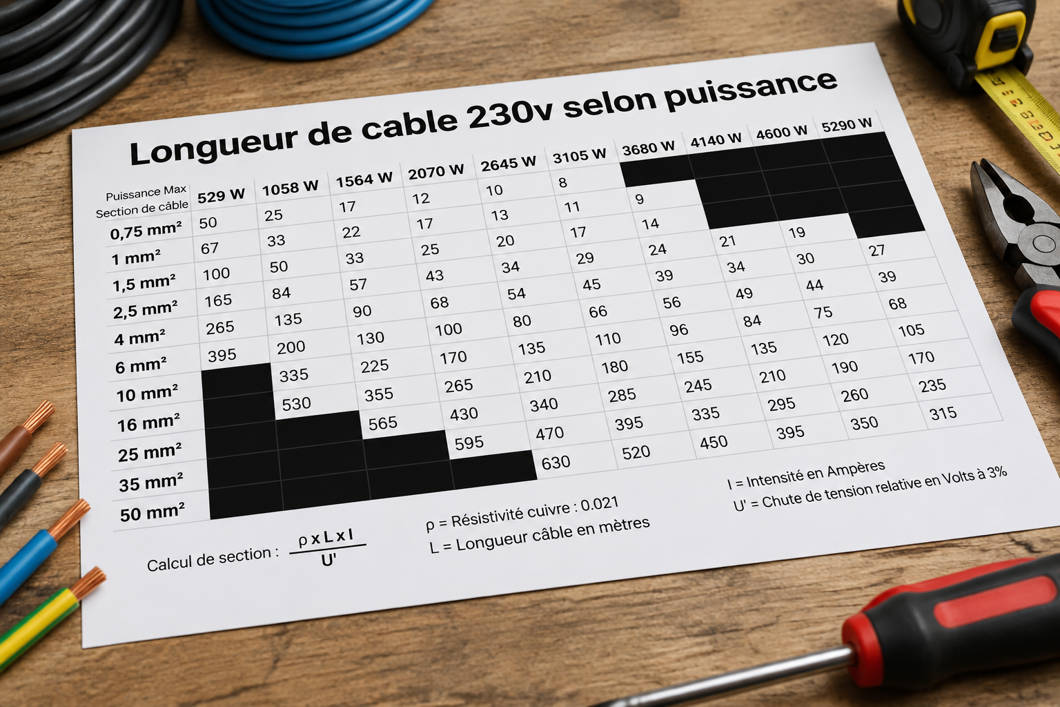 Différentes sections de câble électrique pour circuit piscine.