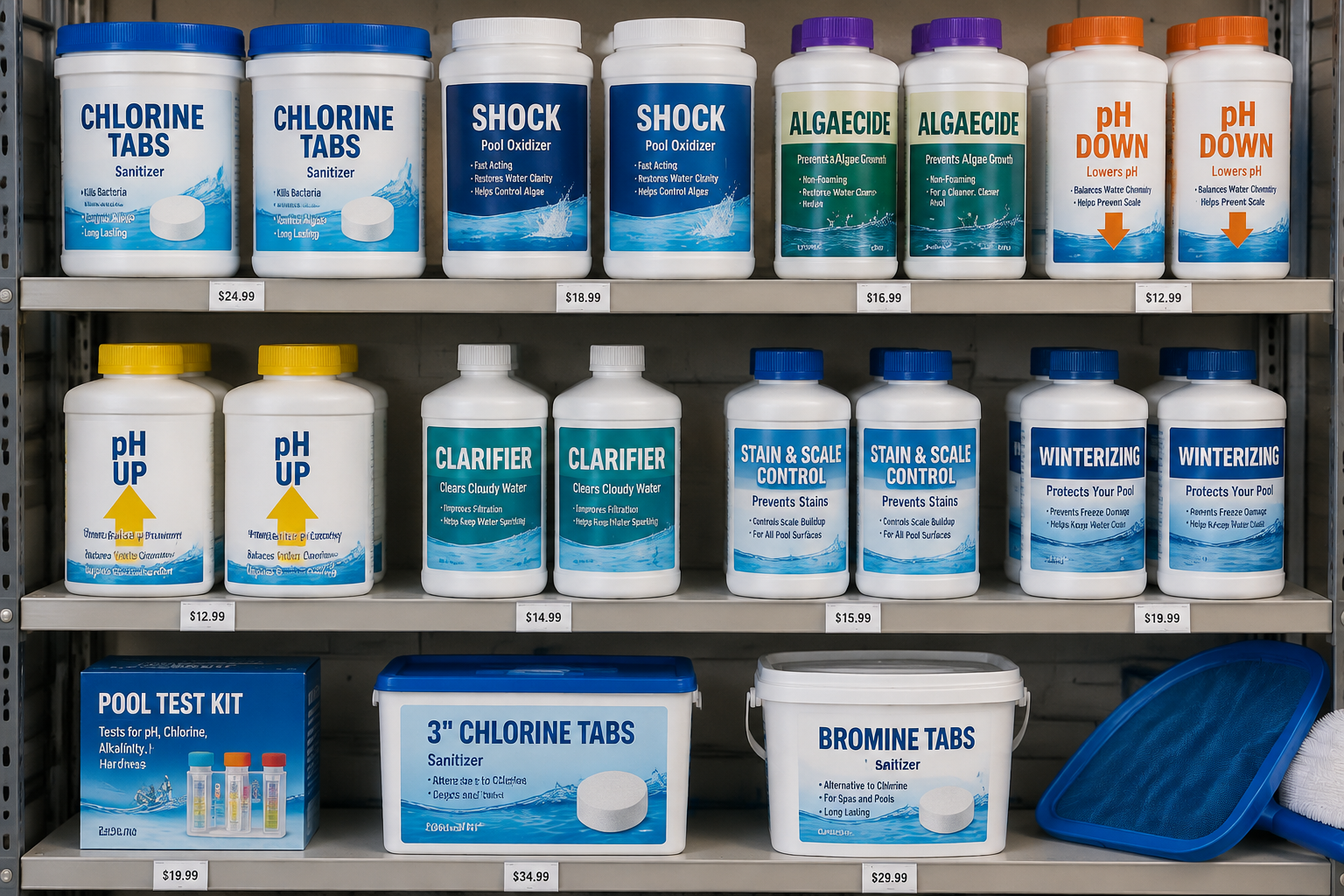 Étagère de magasin avec des bidons de produits chimiques pour piscine.