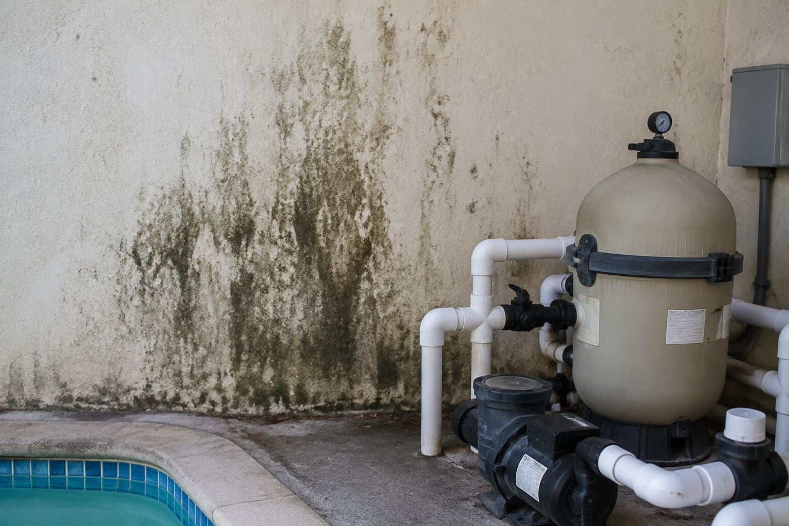 Traces de moisissure sur un mur près des équipements de piscine