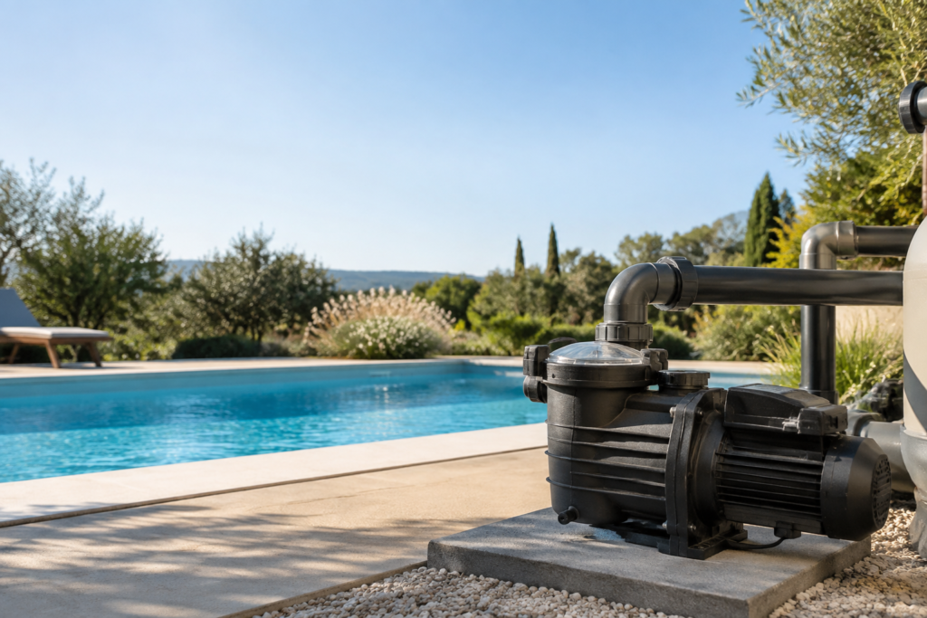 Pompe de filtration de piscine installée sur une dalle extérieure.
