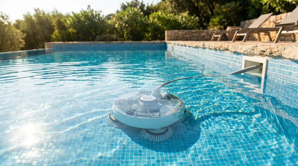 Un robot nettoyeur de piscine hydraulique branché sur une prise balai dans une piscine ensoleillée.