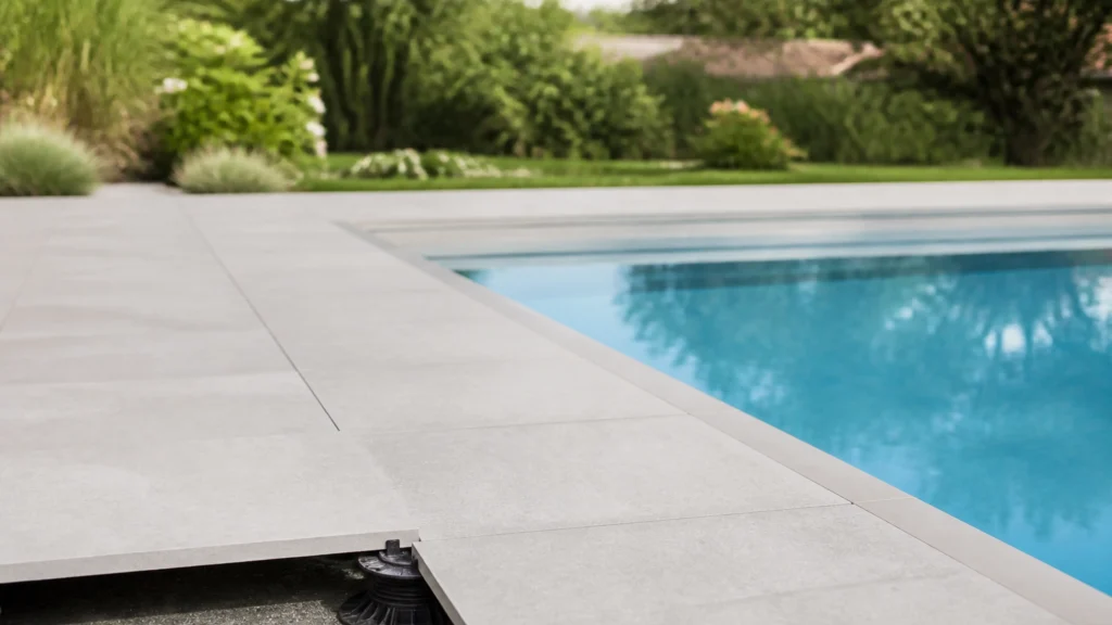 Illustration éditoriale pour l’article « Tout savoir sur la terrasse piscine carrelage sur plot »