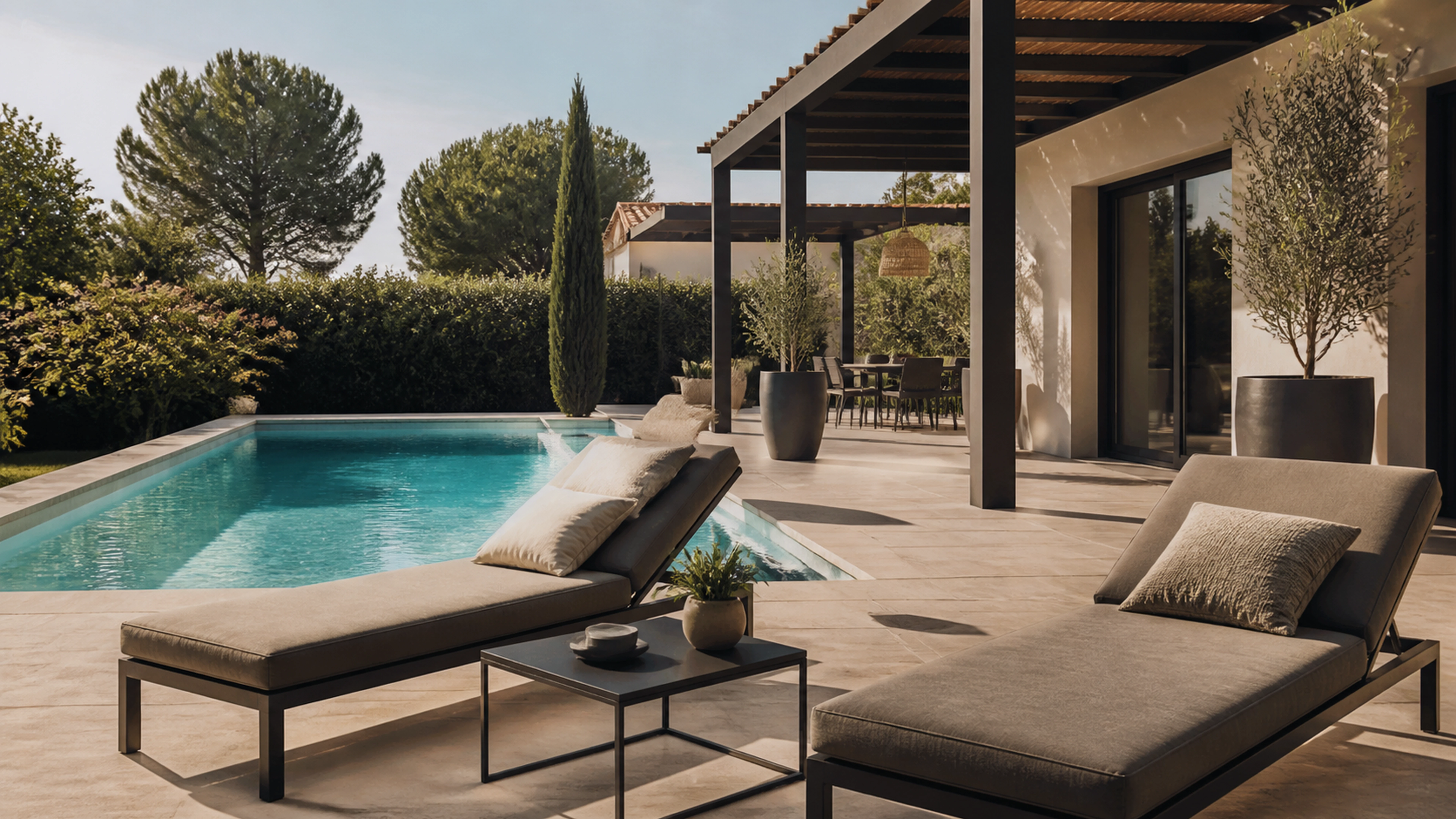 Illustration éditoriale pour l’article « Aménager votre terrasse piscine contemporaine avec style »