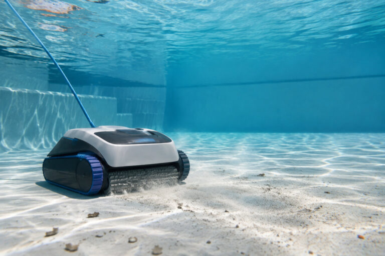 Un robot nettoyeur électrique nettoie le fond d'une piscine en aspirant des dépôts de poussière fine.
