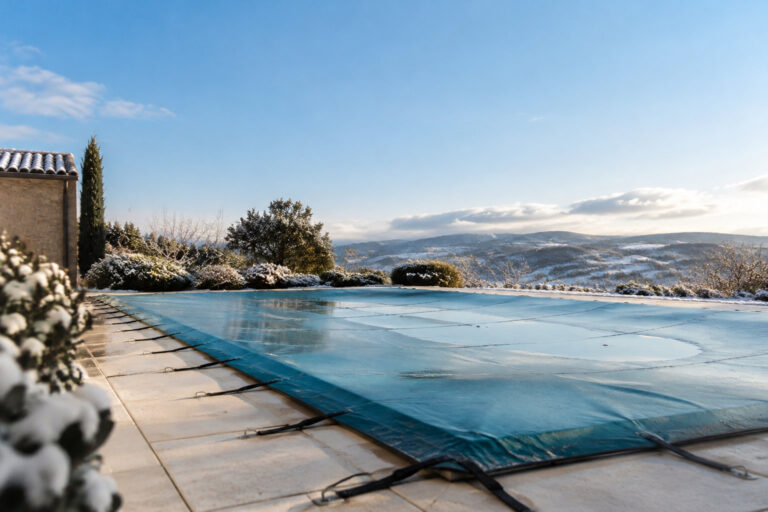 Piscine extérieure recouverte d'une bâche bleue dans un paysage enneigé avec des montagnes en arrière-plan.