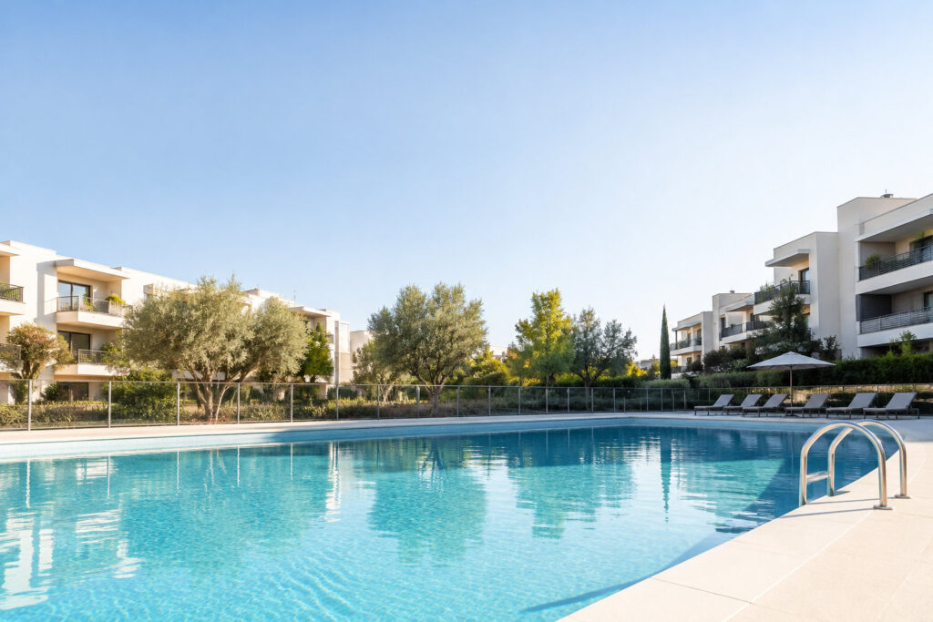 Une grande piscine extérieure entourée de bâtiments modernes de copropriété avec des arbres et des transats.