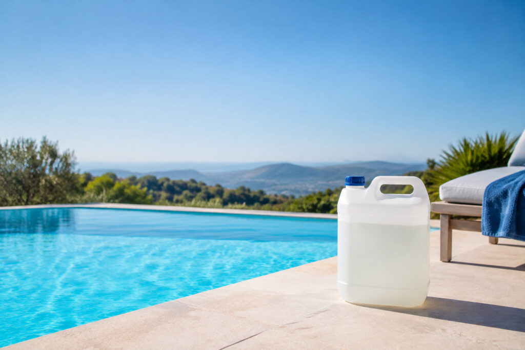 Un bidon de chlore liquide blanc posé sur la margelle en pierre d'une piscine avec vue sur un paysage ensoleillé.