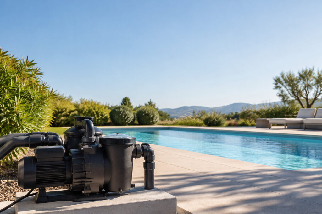 Pompe de filtration de piscine installée sur une terrasse ensoleillée avec une piscine en arrière-plan.