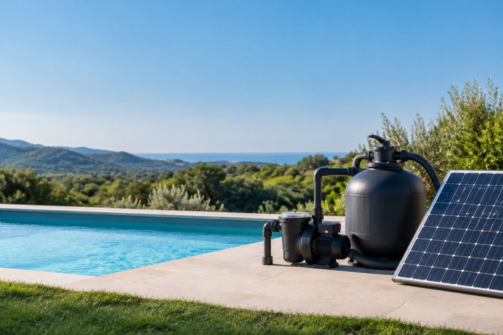 Système de filtration solaire avec pompe et panneau photovoltaïque au bord d'une piscine avec vue sur la mer.