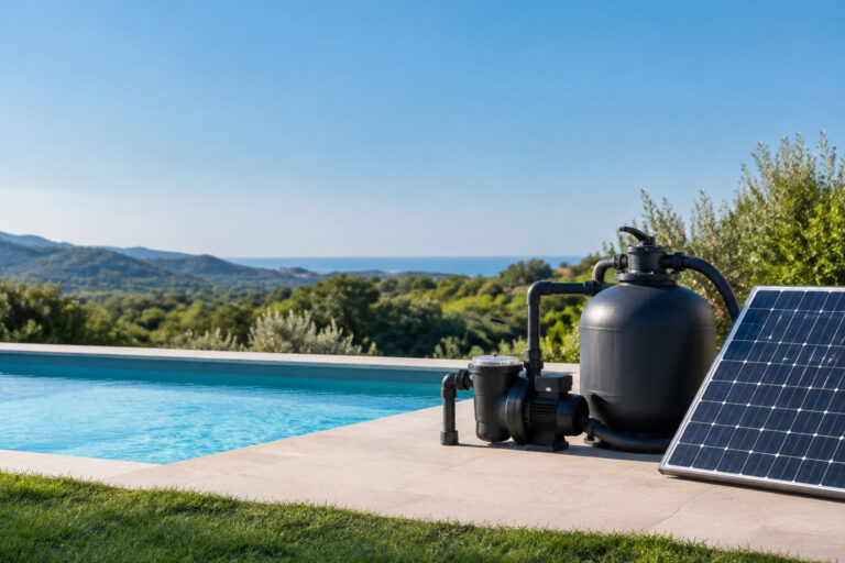 Système de filtration solaire avec pompe et panneau photovoltaïque au bord d'une piscine avec vue sur la mer.