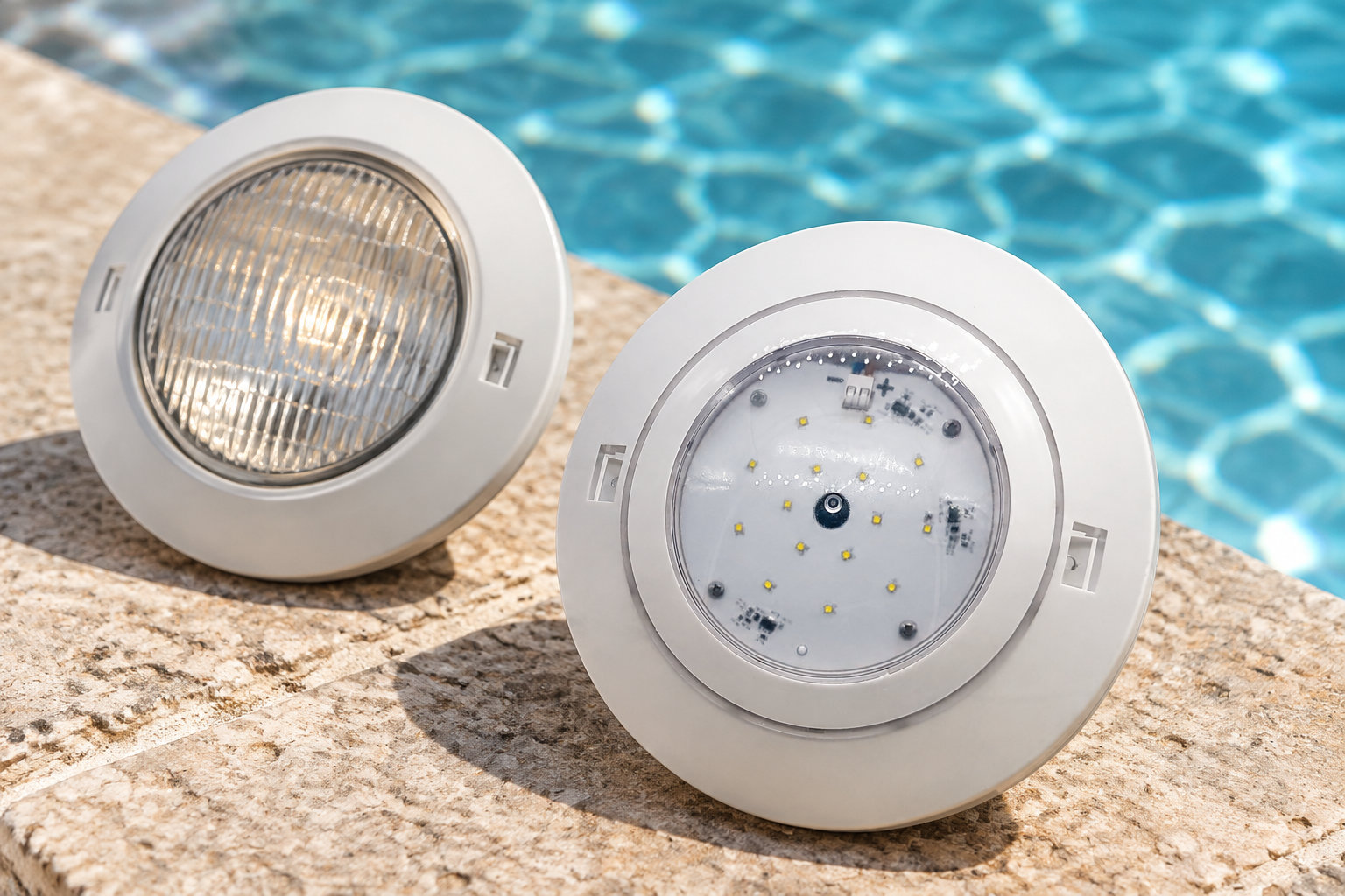 Deux projecteurs ronds de piscine, l’un avec une lentille striée et l’autre laissant voir des composants électroniques, sont posés sur une margelle en pierre au bord de l’eau.