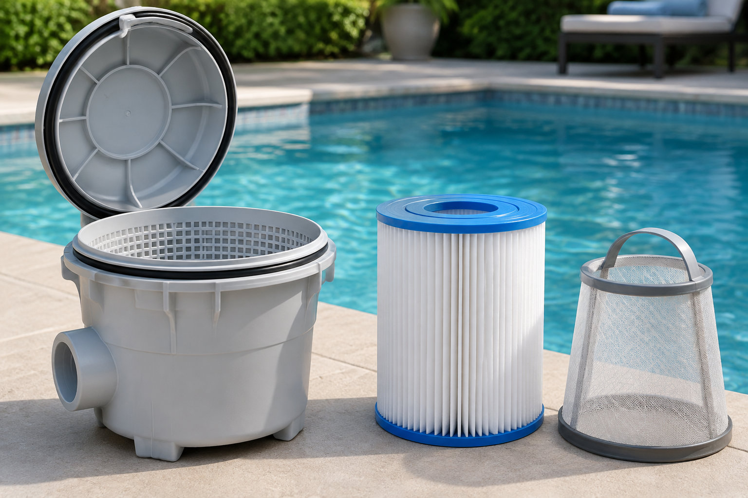 Un panier de filtration ouvert, une cartouche filtrante plissée et un panier en maille sont posés au bord d’une piscine.