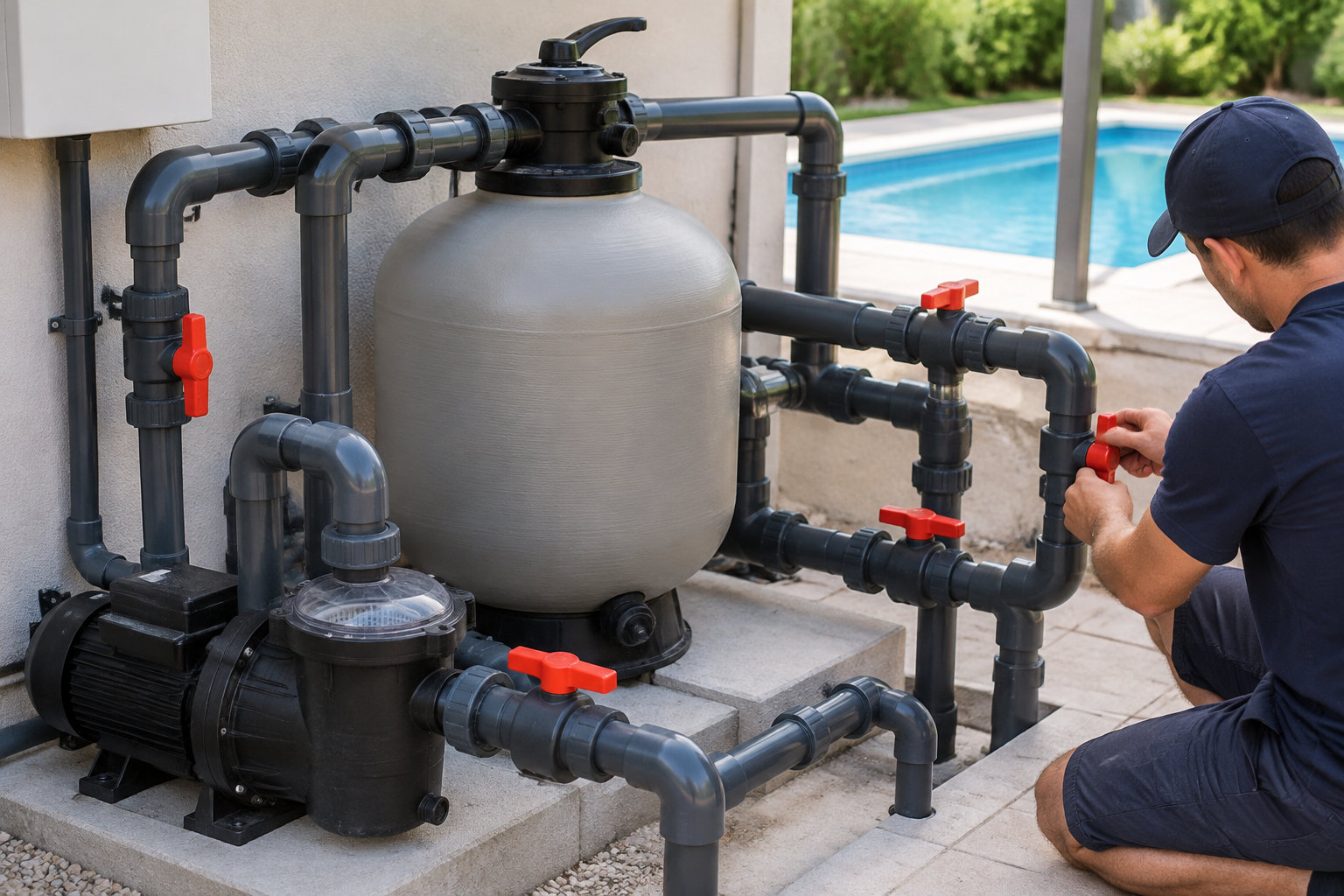 Un technicien manipule une vanne rouge sur les tuyaux d’un système de filtration de piscine.