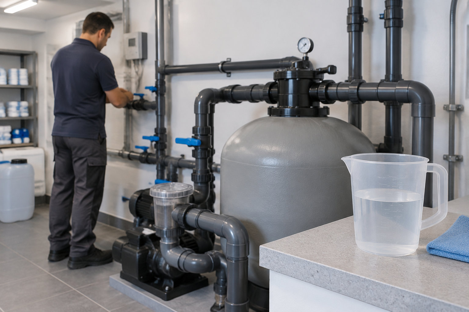 Un homme règle un circuit de filtration d’eau composé de tuyaux, de vannes et d’une grande cuve, tandis qu’un pichet gradué est posé sur un comptoir.