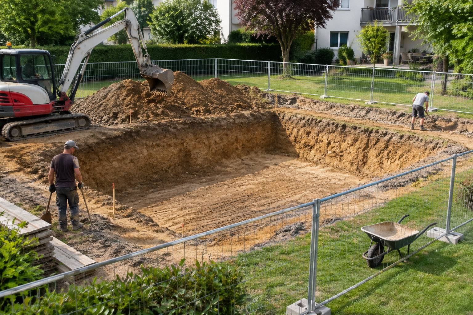 Une pelleteuse et deux ouvriers creusent un grand trou dans un jardin clôturé, près d’une brouette.