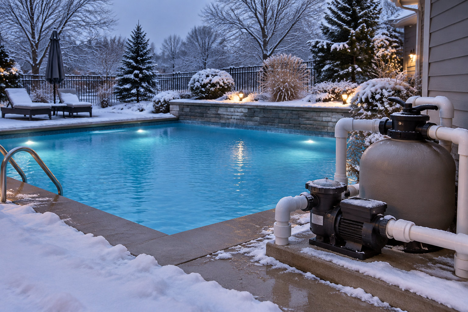 Une piscine éclairée est entourée de neige, avec son système de filtration au premier plan et des chaises longues dans le jardin.