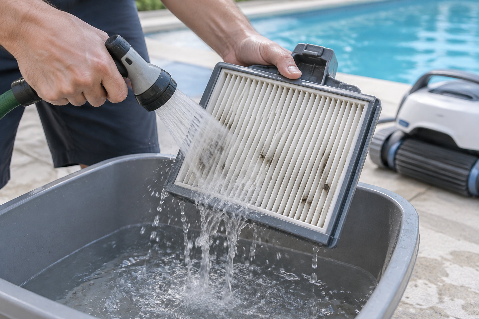 Une personne rince au jet d’eau un filtre plissé au-dessus d’un bac, près d’une piscine.