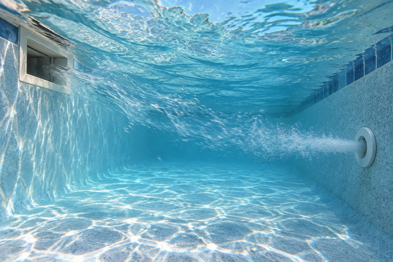Vue sous-marine d’une piscine carrelée, avec un jet d’eau jaillissant d’une buse sur le mur.