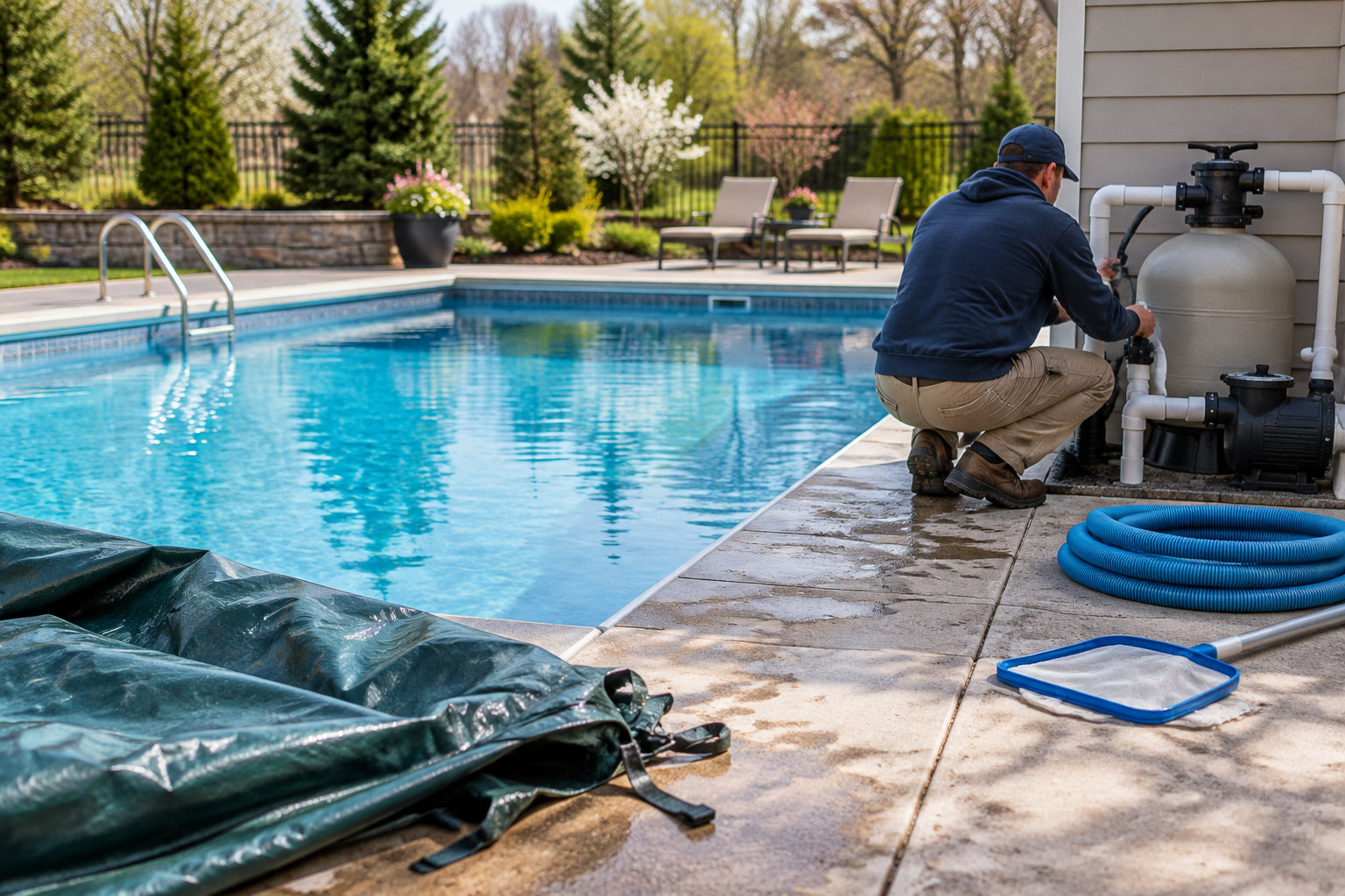 Un homme accroupi règle les équipements de filtration près d’une piscine entourée d’une terrasse, avec un tuyau bleu et une épuisette au sol.