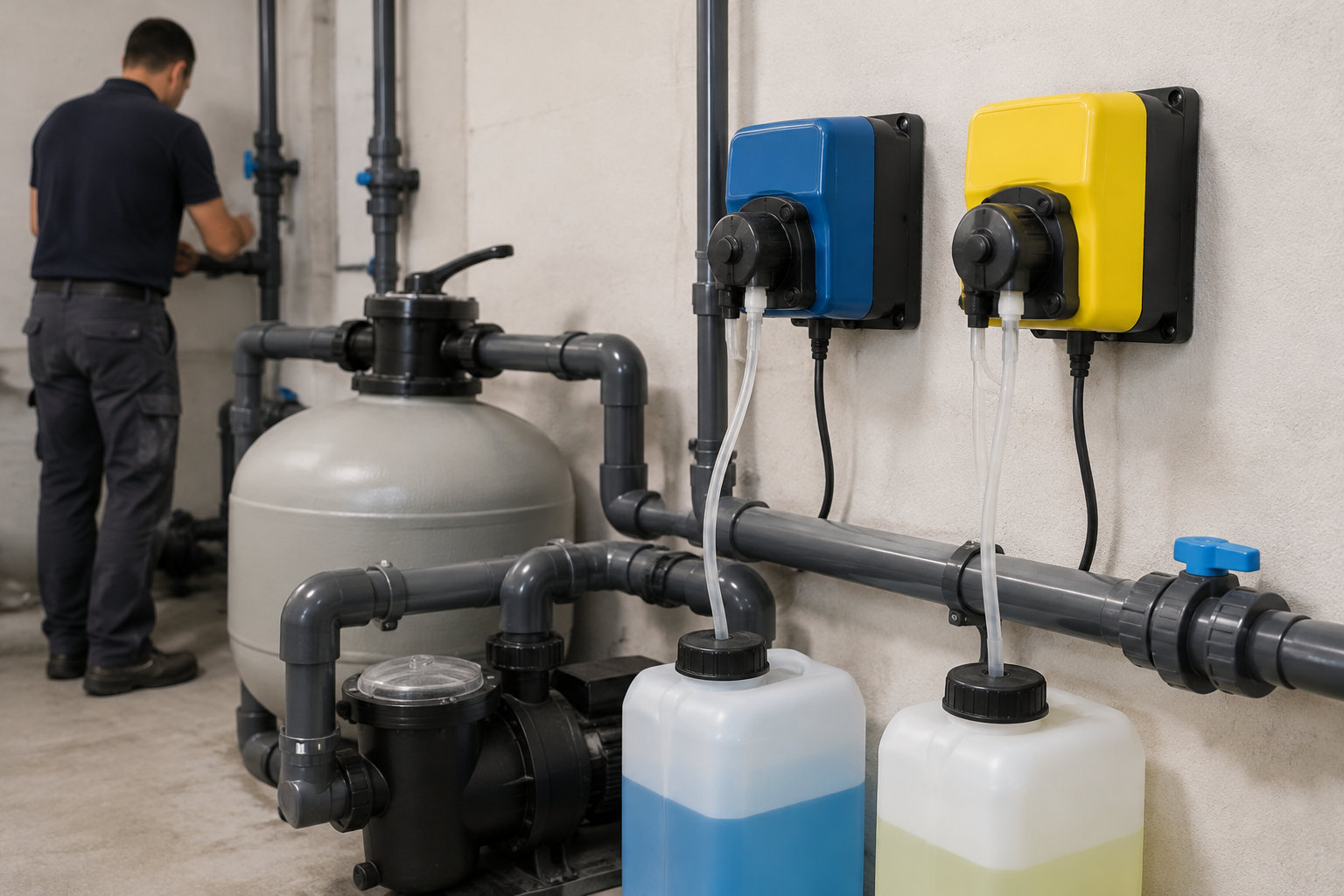 Un technicien manipule des tuyaux dans un local équipé de pompes doseuses, de bidons de liquide et d’un réservoir.