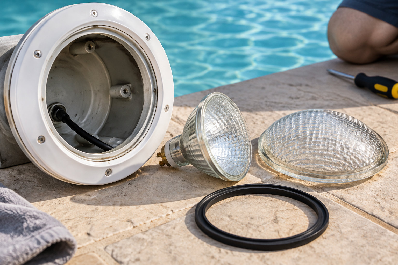 Un projecteur de piscine démonté, avec son ampoule, son verre et un joint posés sur le bord du bassin.