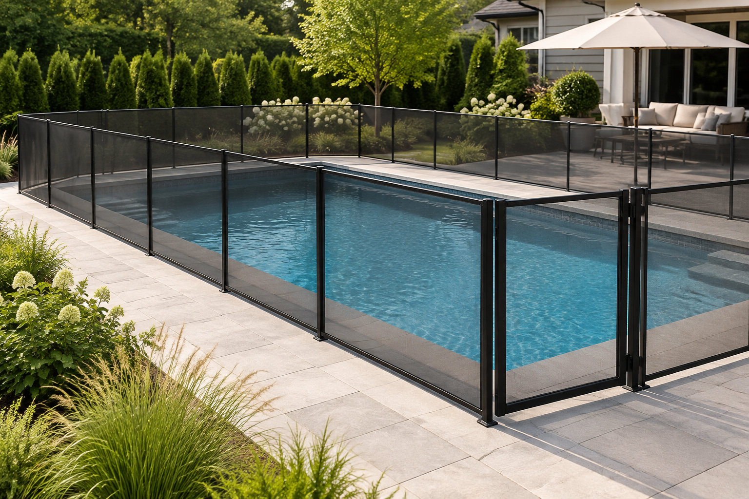 Une clôture noire vitrée entoure une piscine dans un jardin aménagé, avec une terrasse et un parasol à l’arrière-plan.