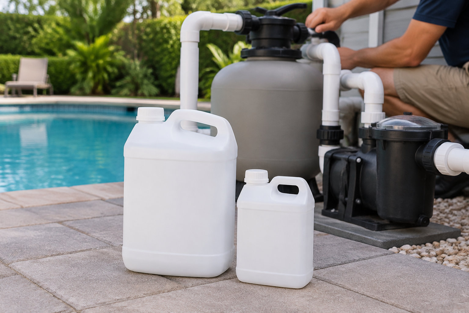Deux bidons blancs sans étiquette sont posés près d’une piscine, devant un système de filtration qu’une personne manipule.