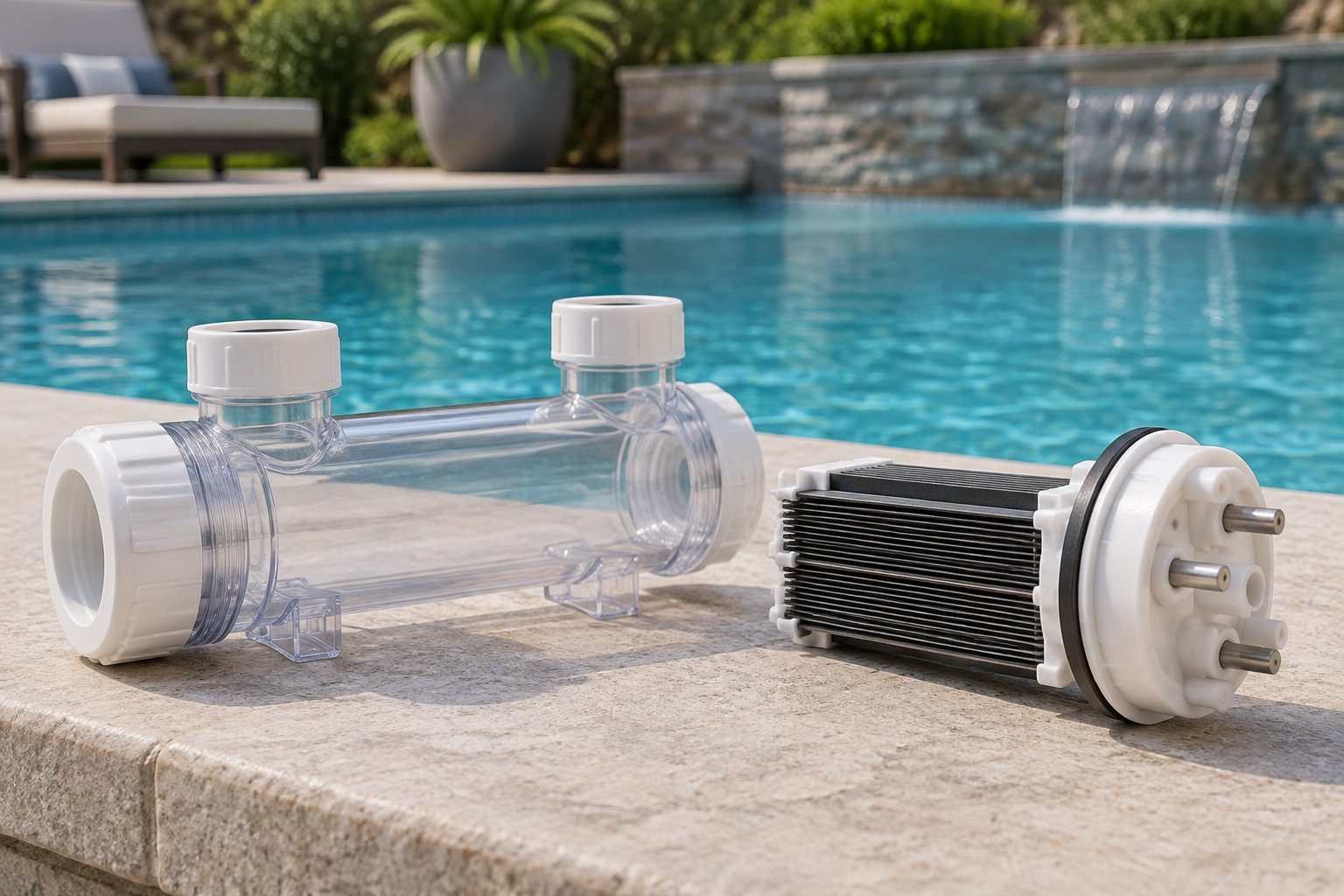 Un boîtier transparent et un composant à ailettes sont posés au bord d’une piscine.