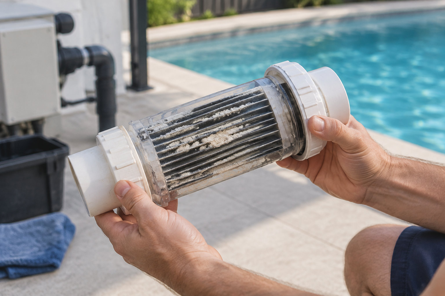 Deux mains tiennent un filtre cylindrique encrassé au bord d’une piscine.
