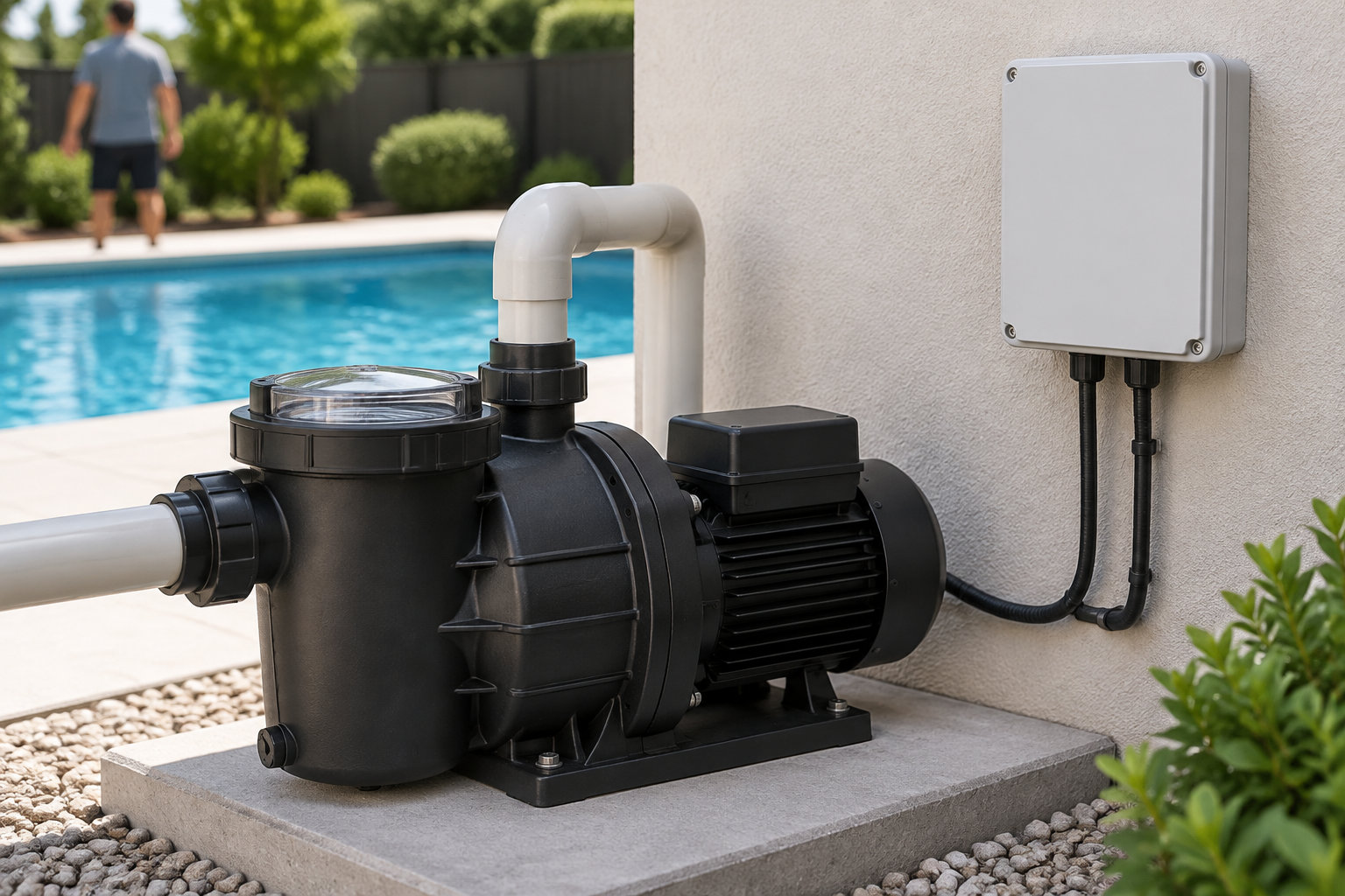 Une pompe de filtration noire reliée à des tuyaux et à un boîtier électrique se trouve près d’une piscine où une personne marche en arrière-plan.