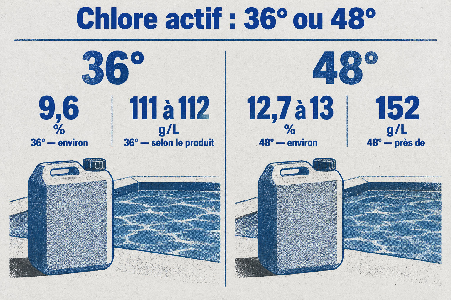 Le chlore actif est d’environ 9,6 % et 111 à 112 g/L à 36°, contre environ 12,7 à 13 % et près de 152 g/L à 48°.