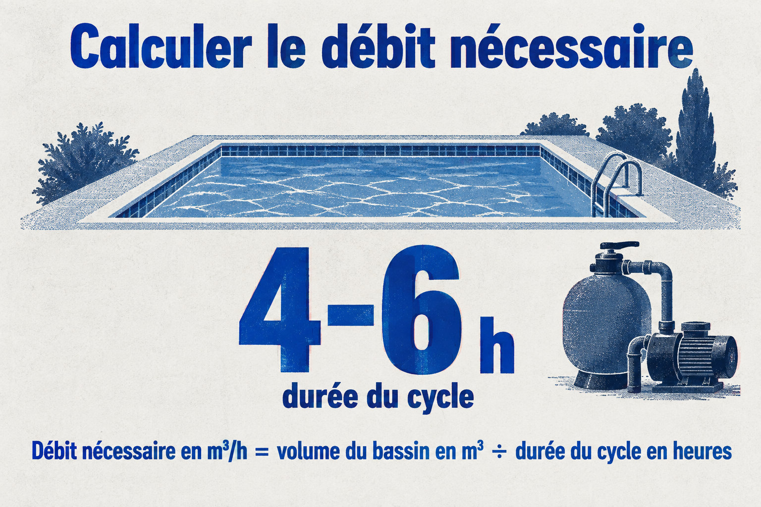 Le débit nécessaire en m³/h se calcule en divisant le volume du bassin en m³ par la durée du cycle, repérée entre 4 et 6 h.