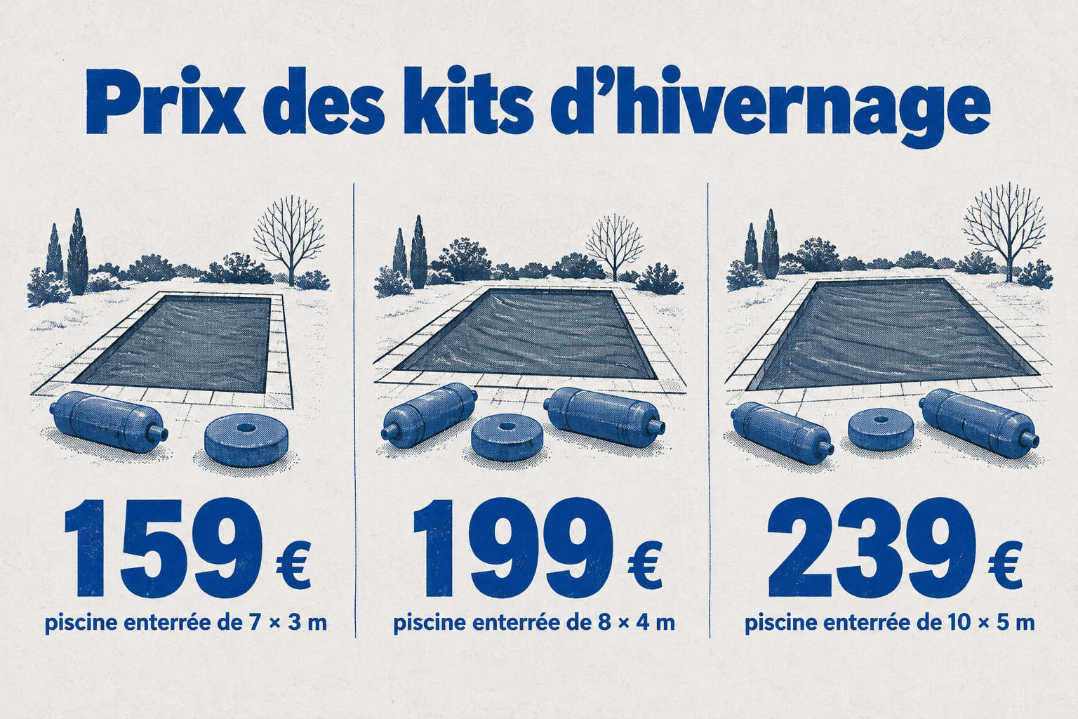 Les kits d’hivernage coûtent 159 € pour une piscine enterrée de 7 × 3 m, 199 € pour 8 × 4 m et 239 € pour 10 × 5 m.