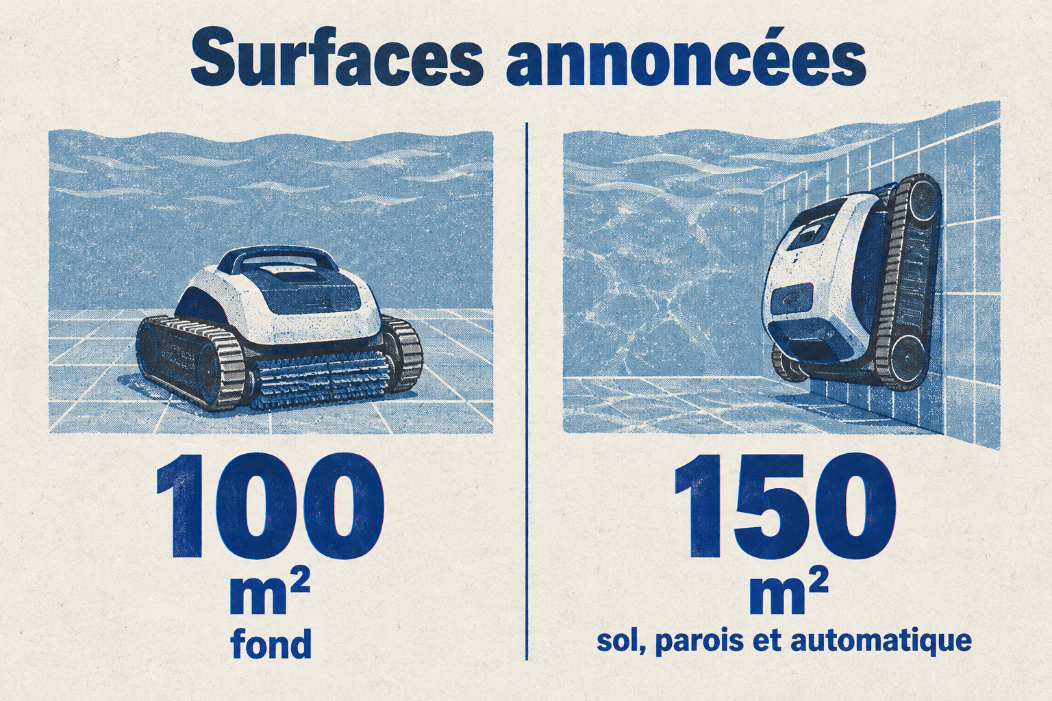 La surface annoncée atteint 100 m² pour le fond et jusqu’à 150 m² en modes sol, parois et automatique.