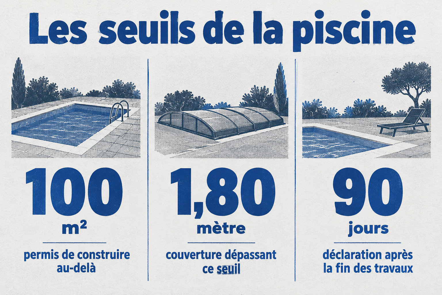Au-delà de 100 m², une piscine nécessite un permis de construire ; une couverture dépassant 1,80 mètre peut aussi en nécessiter un, et la déclaration foncière doit être faite dans les 90 jours après la fin des travaux.